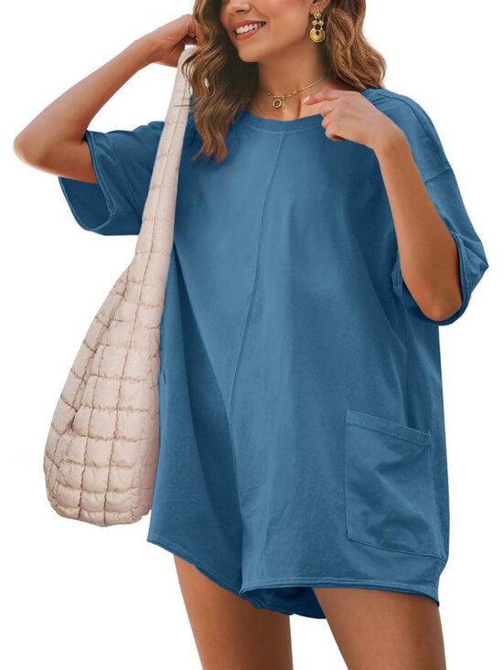 Pants - Women's Blue Summer Casual Onesie Backless Loose Short Oversized Tee Romper
